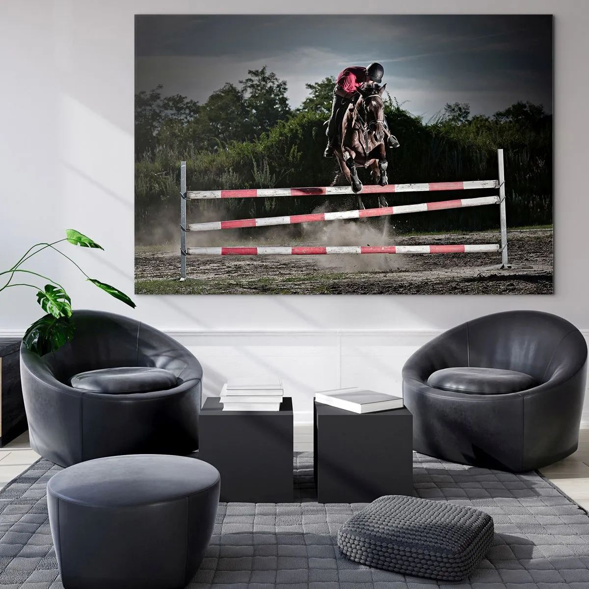 Quadro em vidro - Um cavaleiro a cavalo salta sobre um obstáculo tendo como pano de fundo a natureza - 70x50cm - Juntos pela vitória - Decoração de parede moderna para a sala de estar e quarto ARTTOR