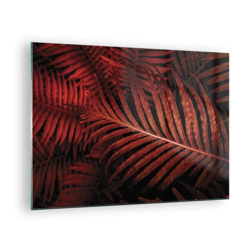 Quadro em vidro - Folhas vermelhas de uma planta tropical em um fundo escuro - 70x50cm - O calor da vida - Decoração de parede moderna para a sala de estar e quarto ARTTOR
