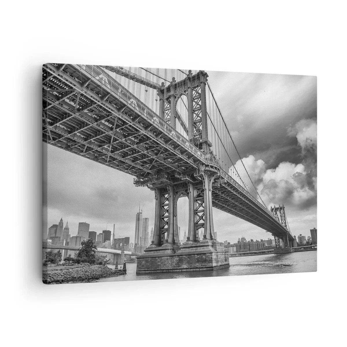 Quadro em tela - Uma ponte em preto e branco com vista para a cidade - 70x50cm - Ao coração da cidade - Decoração de parede moderna para a sala de estar e quarto ARTTOR