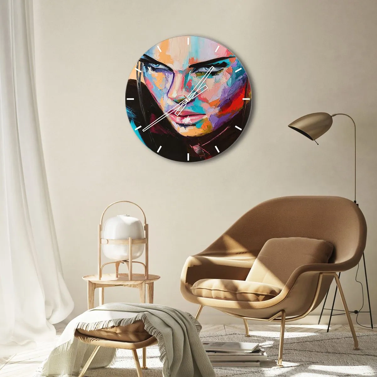 Relógio de parede - Relógio em vidro - Retrato abstrato de uma mulher - 30x30cm - Coração selvagem - Decoração de parede moderna para a sala de estar, cozinha e quarto ARTTOR
