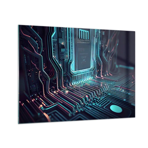 Quadro em vidro - Visualização de neon de traços do processador em um fundo preto - 70x50cm - Só estou a pensar... - Decoração de parede moderna para a sala de estar e quarto ARTTOR