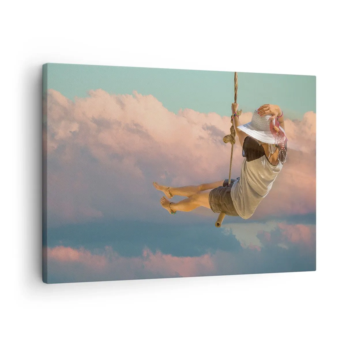 Quadro em tela - Mulher em um balanço entre nuvens cor de rosa - 70x50cm - Diversão nas nuvens - Decoração de parede moderna para a sala de estar e quarto ARTTOR