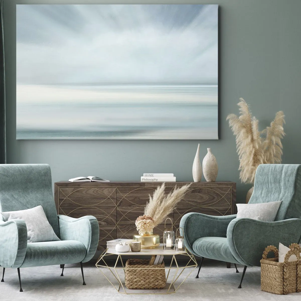Quadro em tela - Uma paisagem minimalista em delicados tons de azul - 70x50cm - Paz ao horizonte - Decoração de parede moderna para a sala de estar e quarto ARTTOR