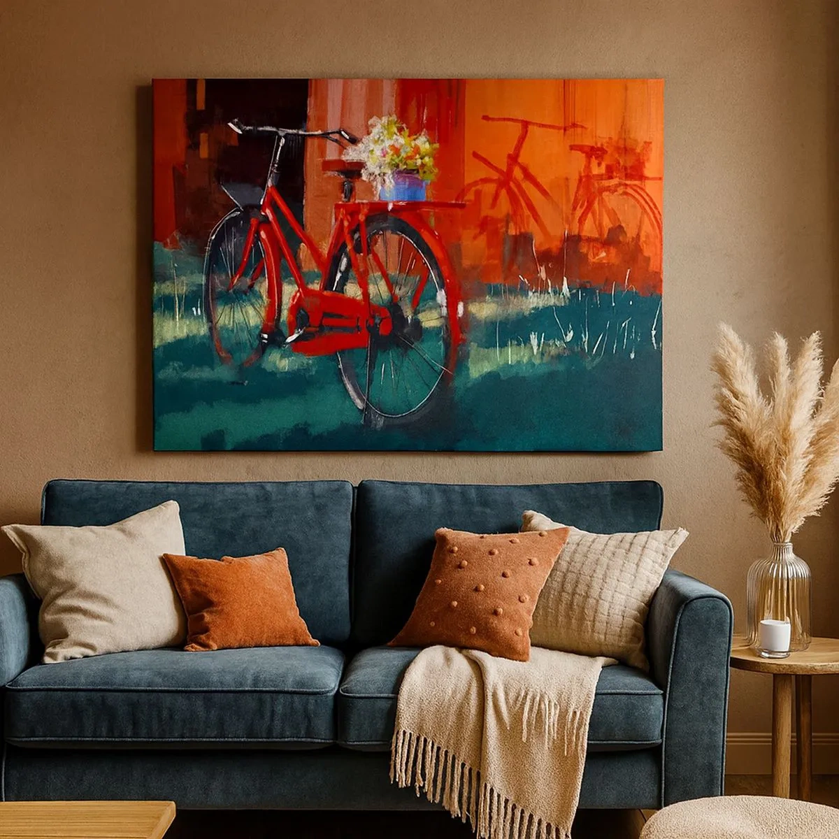 Quadro em tela - Uma bicicleta vermelha com flores contra uma parede laranja - 70x50cm - Quero andar de bicicleta - Decoração de parede moderna para a sala de estar e quarto ARTTOR