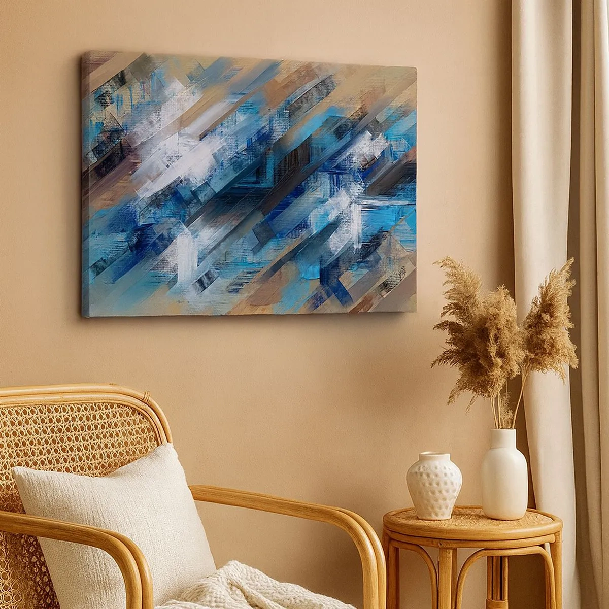 Quadro em tela - Composição abstrata com linhas diagonais azuis - 70x50cm - Numa diagonal azul - Decoração de parede moderna para a sala de estar e quarto ARTTOR