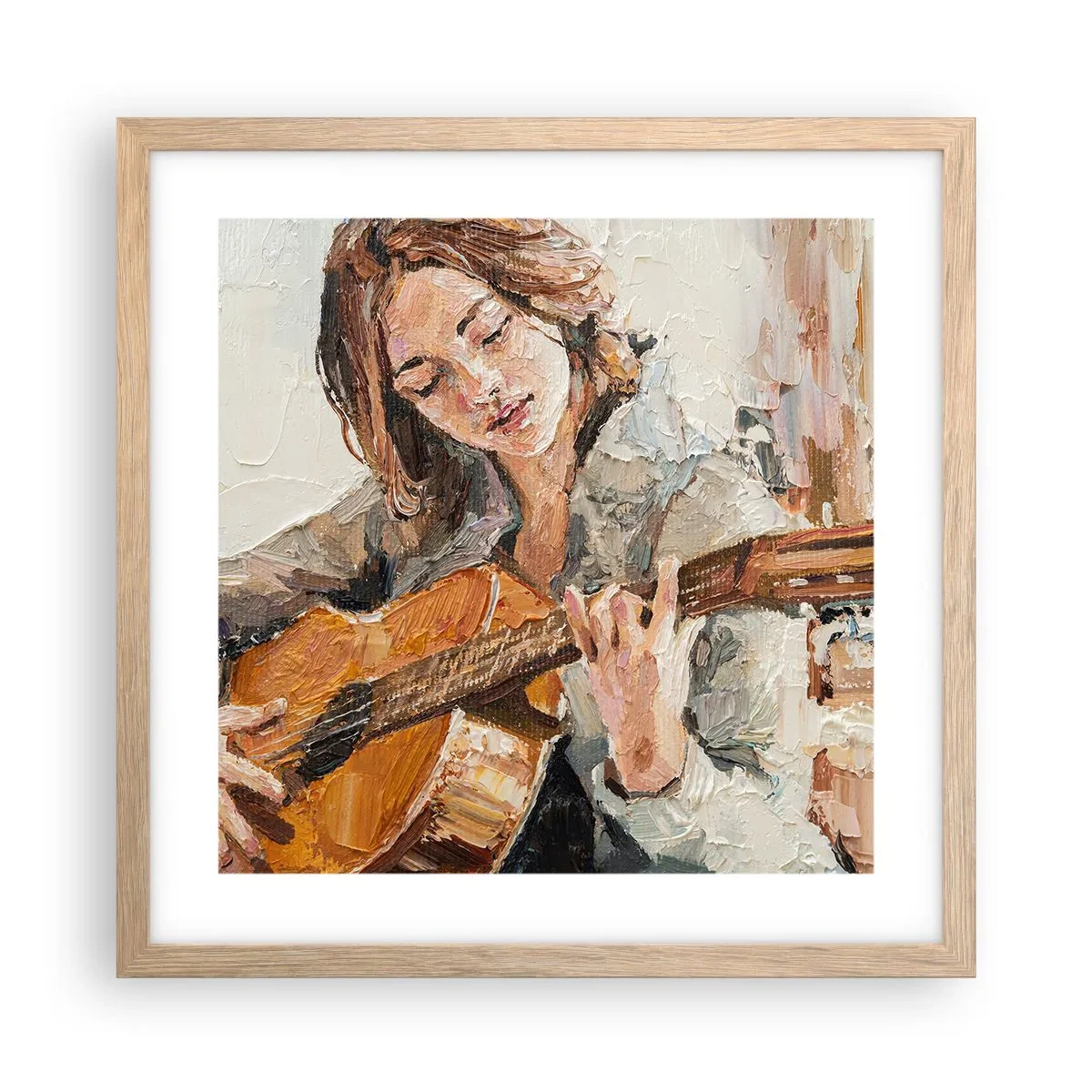 Pôster com moldura de carvalho claro - Concerto de violão e coração de rapariga - 40x40 cm