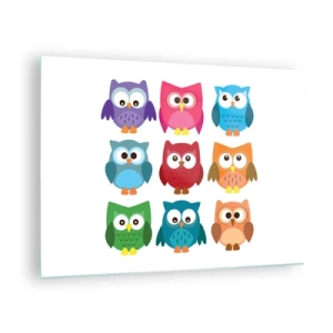 Quadro em vidro - Corujas coloridas em estilo cartoon em um fundo branco - 70x50cm - As diferenças podem ser divertidas - Decoração de parede moderna para a sala de estar e quarto ARTTOR