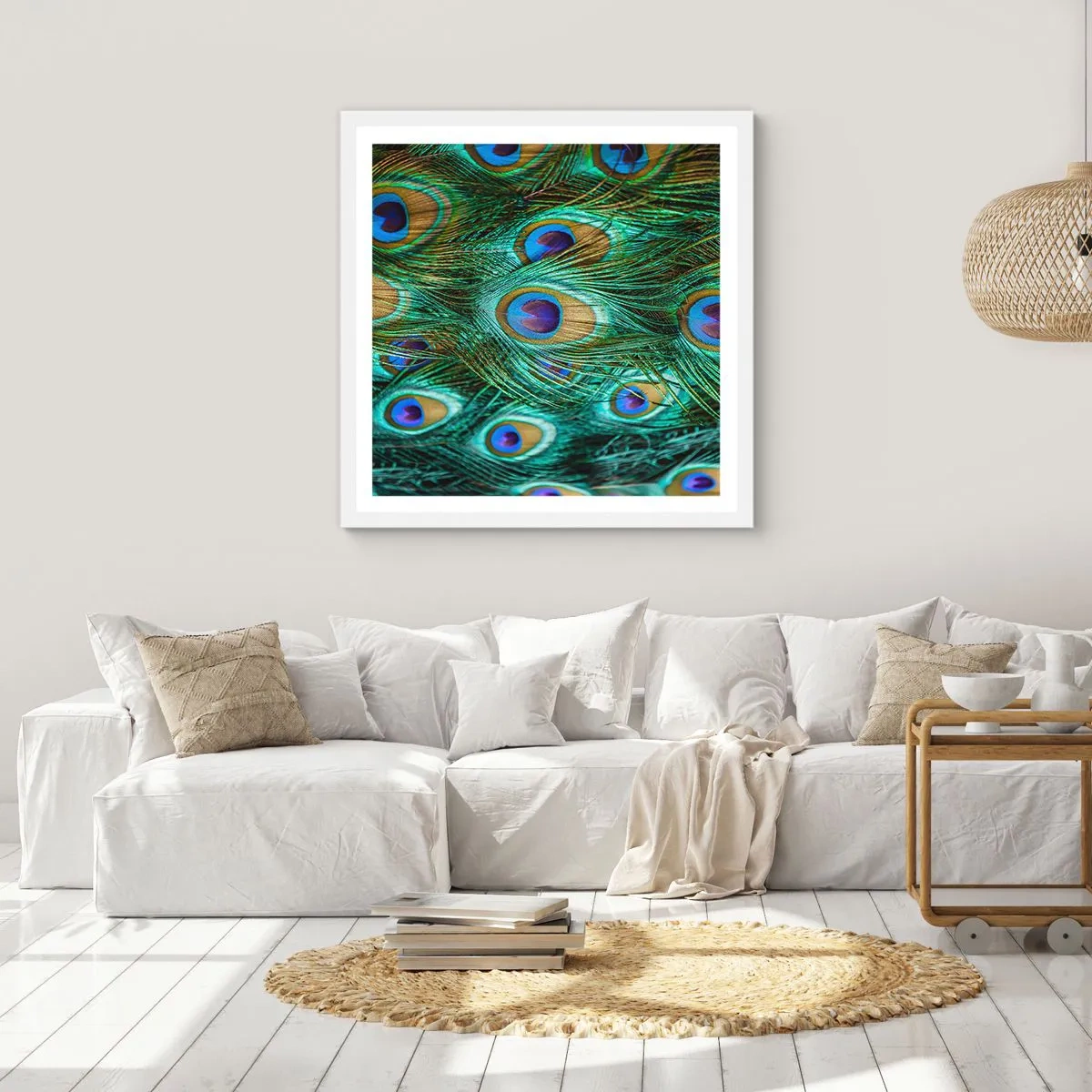 Pôster em moldura branca - Um olhar de pavão - 60x60 cm