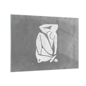 Quadro em vidro - Uma silhueta minimalista de uma mulher em um fundo cinza - 70x50cm - Nos pensamentos - Decoração de parede moderna para a sala de estar e quarto ARTTOR