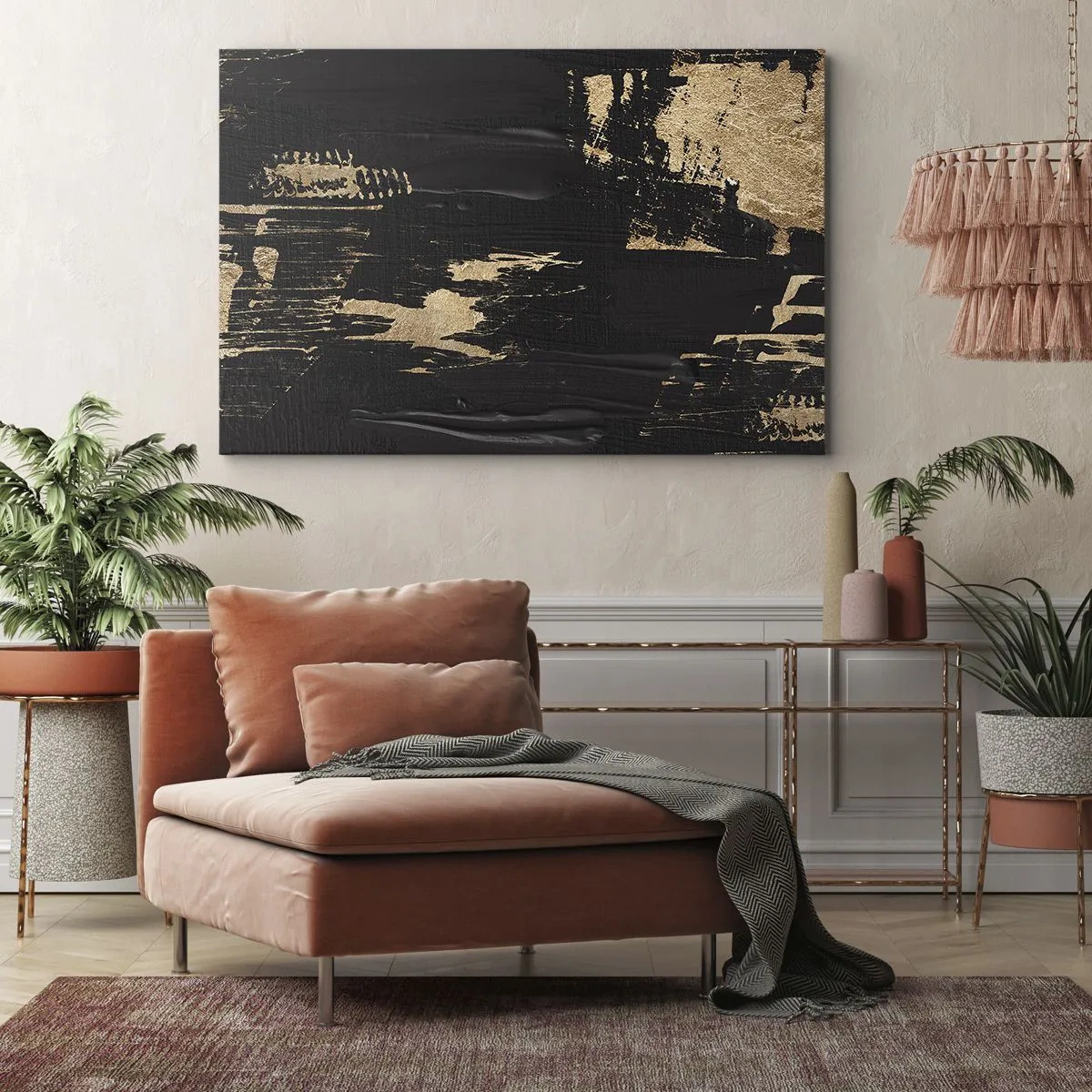 Quadro em tela - Composição abstrata em tons de preto e dourado - 70x50cm - Rastro de toque - Decoração de parede moderna para a sala de estar e quarto ARTTOR