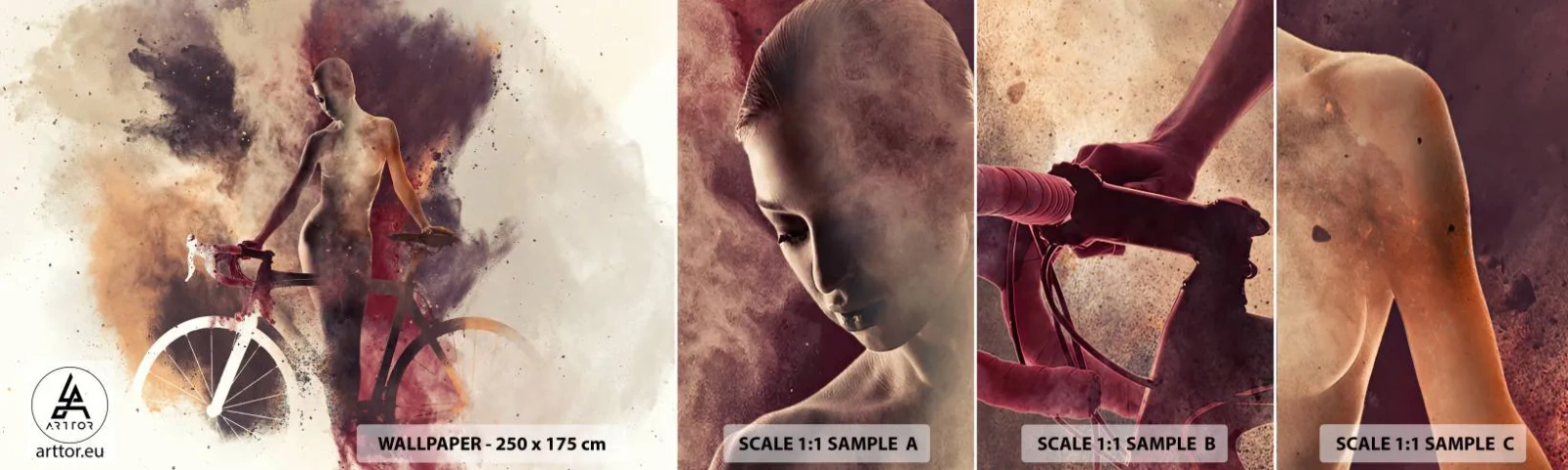 Amostra de Papel de Parede Standard Eco - Uma alma de bicicleta em formas de mármore - Abstração, Mulher, Bicicleta - 100x30 cm