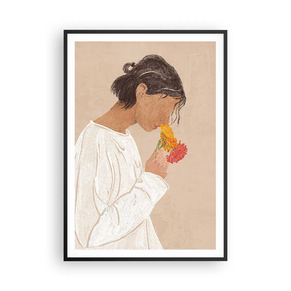 Pôster com moldura preta - Menina e flores - 70x100 cm