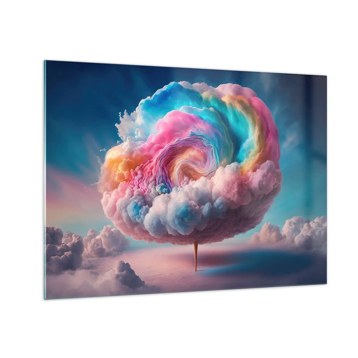 Quadro em vidro - Uma nuvem fantástica em tons pastéis que lembra algodão doce. - 70x50cm - O sonho de um parque de diversões - Decoração de parede moderna para a sala de estar e quarto ARTTOR