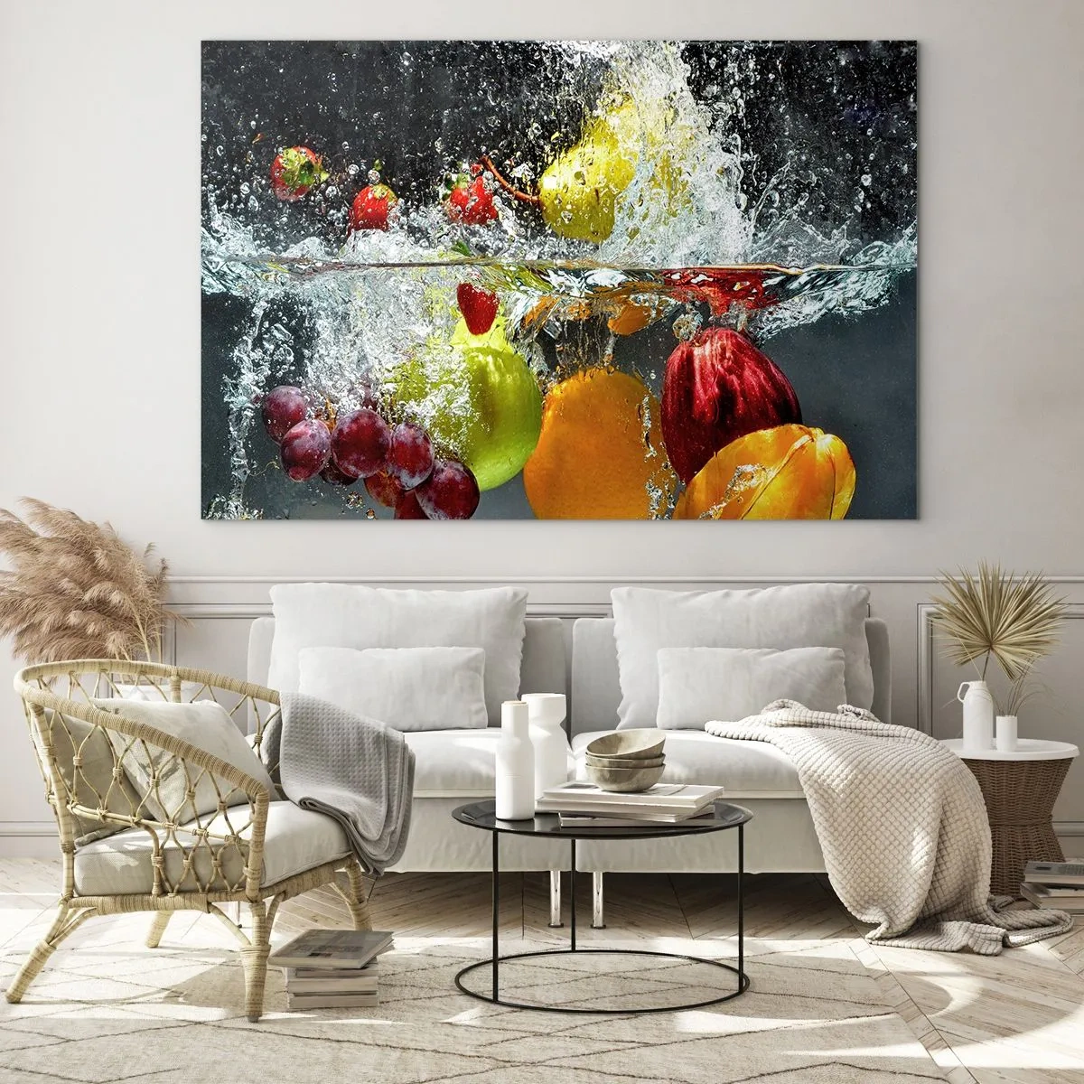 Quadro em vidro - Fruta imersa em água com respingos dinâmicos - 70x50cm - Refresco de frutas - Decoração de parede moderna para a sala de estar e quarto ARTTOR
