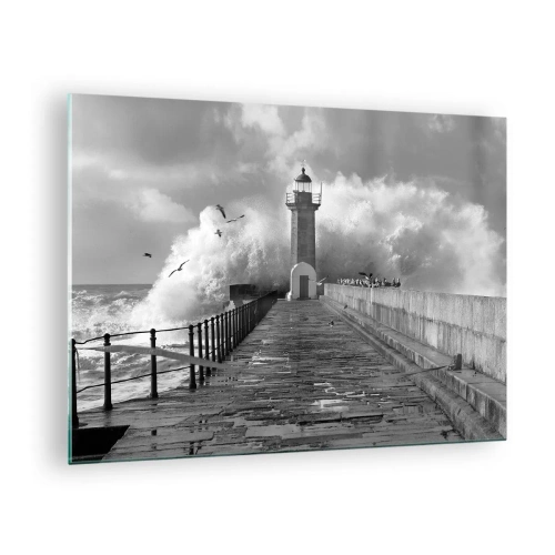 Quadro em vidro - Uma foto em preto e branco de um farol em meio a ondas quebrando. - 70x50cm - Destemida - Decoração de parede moderna para a sala de estar e quarto ARTTOR