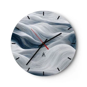 Relógio de parede - Relógio em vidro - Linhas gráficas e onduladas em tons de branco e azul - 30x30cm - Ondas brancas e azuis - Decoração de parede moderna para a sala de estar, cozinha e quarto ARTTOR