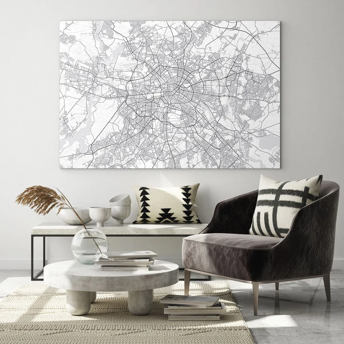 Quadro em vidro - Mapa preto e branco de Berlim com um layout de ruas geométrico - 70x50cm - Flor de Berlim - Decoração de parede moderna para a sala de estar e quarto ARTTOR