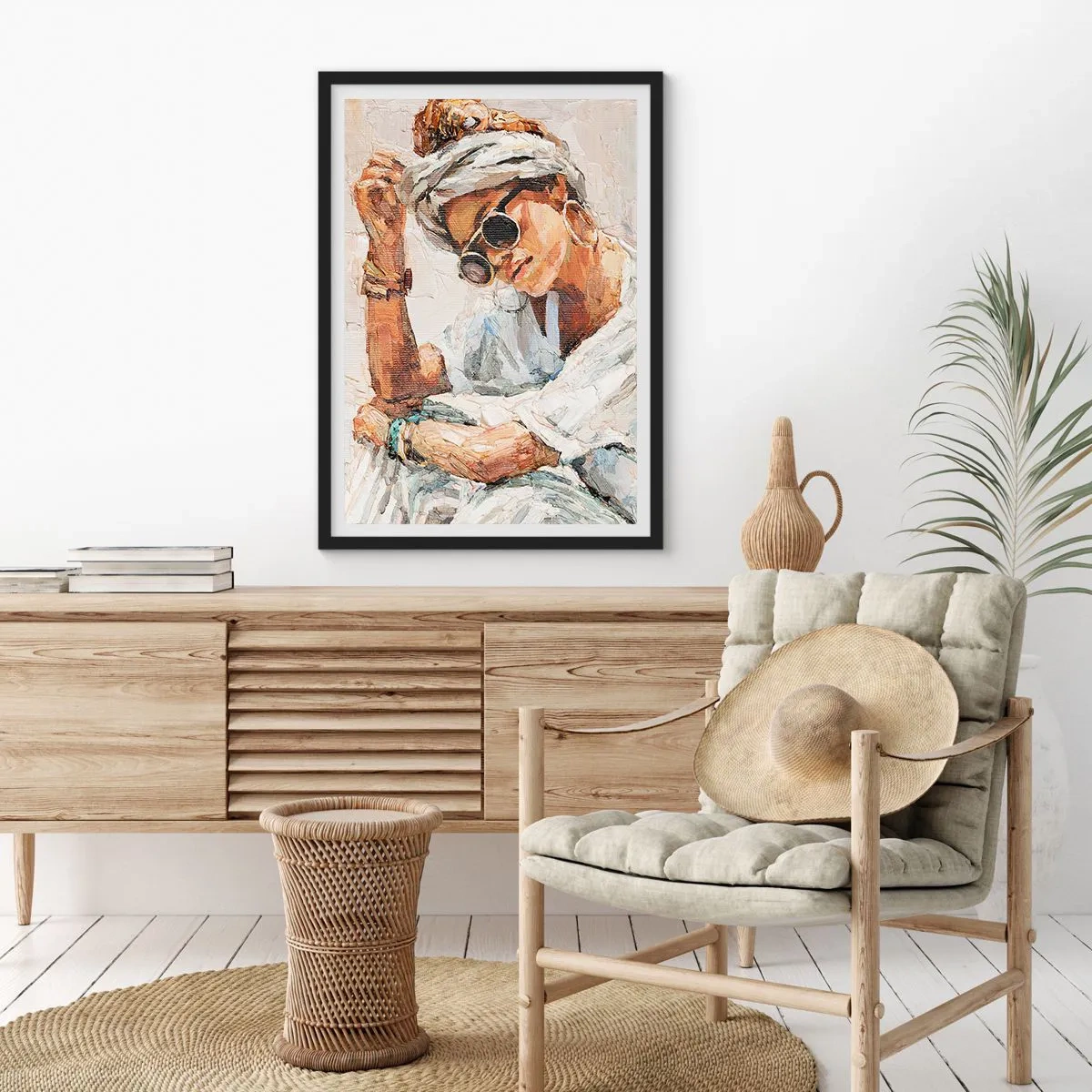 Pôster com moldura preta - Retrato de uma mulher com óculos e turbante no estilo impressionista - 50x70cm - Retrato em pleno sol - Decoração de parede moderna para a sala de estar e quarto ARTTOR