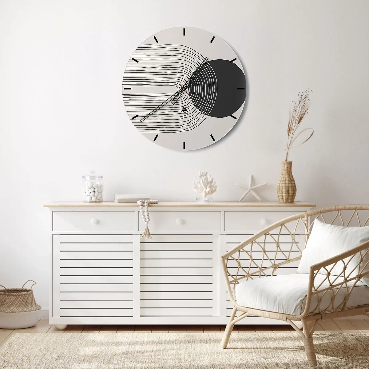 Relógio de parede - Relógio em vidro - Linhas abstratas e um círculo preto sobre fundo claro em uma composição gráfica - 30x30cm - Tremores e confiança - Decoração de parede moderna para a sala de estar, cozinha e quarto ARTTOR