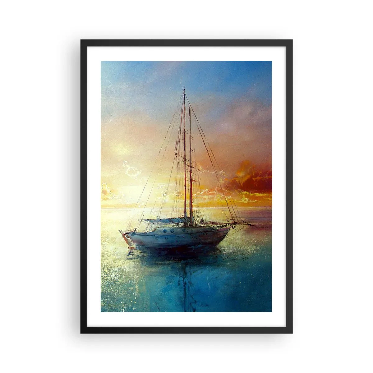 Pôster com moldura preta - Um iate em um mar calmo ao pôr do sol - 50x70cm - Na baía dourada - Decoração de parede moderna para a sala de estar e quarto ARTTOR