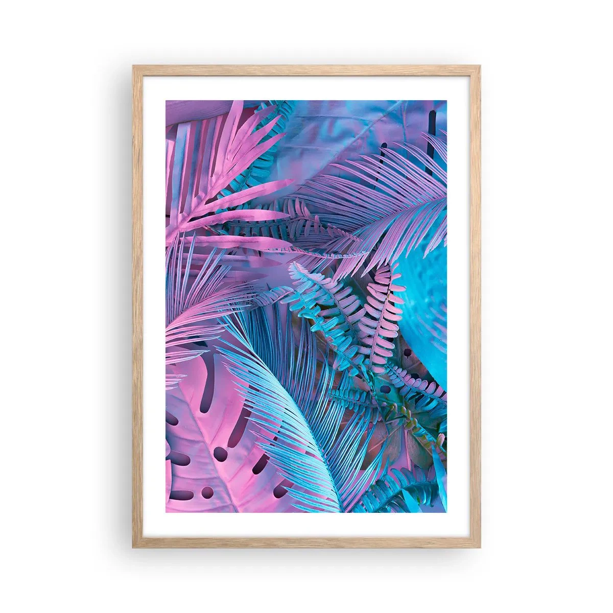 Pôster com moldura de carvalho claro - Trópicos em rosa e azul - 50x70 cm