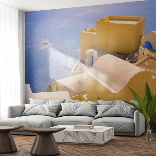 Papel de Parede Premium Sand - Paisagem grega em branco e azul - Paisagem, Santorini, Grécia - 100x70 cm