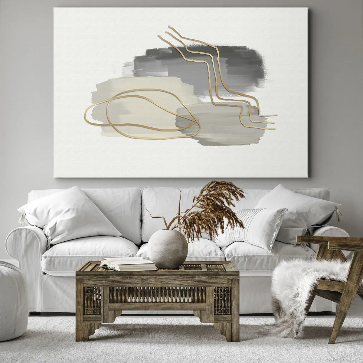 Quadro em tela - Linhas douradas abstratas em um fundo cinza - 70x50cm - Duração e movimento - Decoração de parede moderna para a sala de estar e quarto ARTTOR