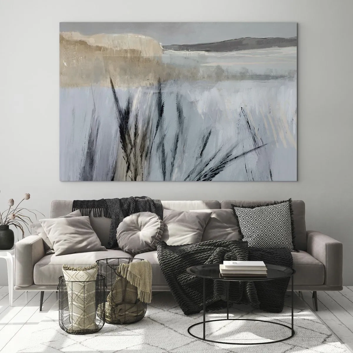 Quadro em vidro - Paisagem de inverno com gramíneas no fundo de campos cobertos de neve - 70x50cm - Campos de inverno - Decoração de parede moderna para a sala de estar e quarto ARTTOR