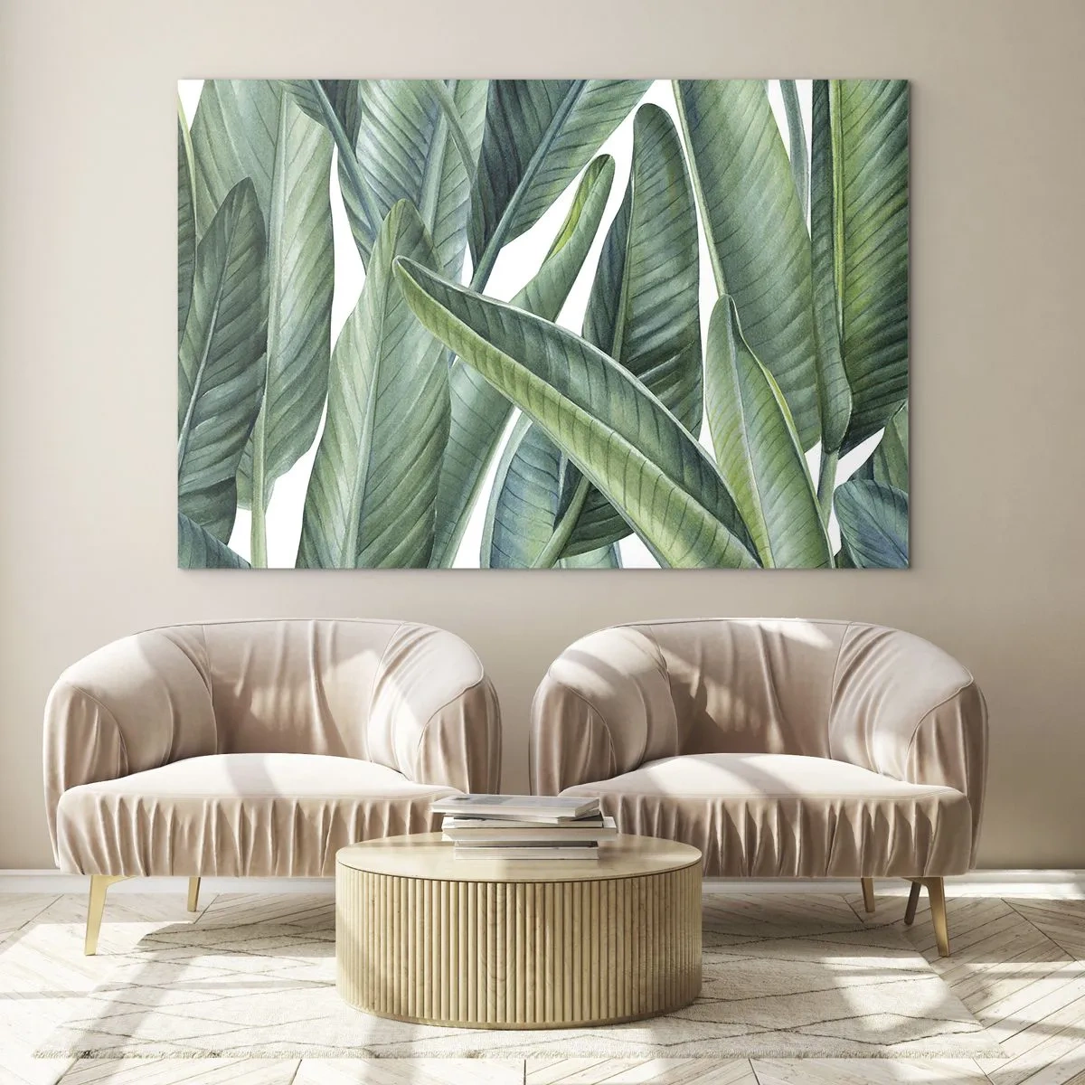 Quadro em vidro - Folhas tropicais em tons de verde - 70x50cm - O próprio verde - Decoração de parede moderna para a sala de estar e quarto ARTTOR
