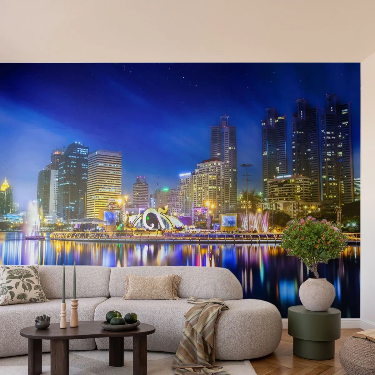 Papel de Parede Autocolante Deluxe Sticker - Noite arco-íris da metrópole - Cidade, Bangkok, Arquitetura - 250x175 cm