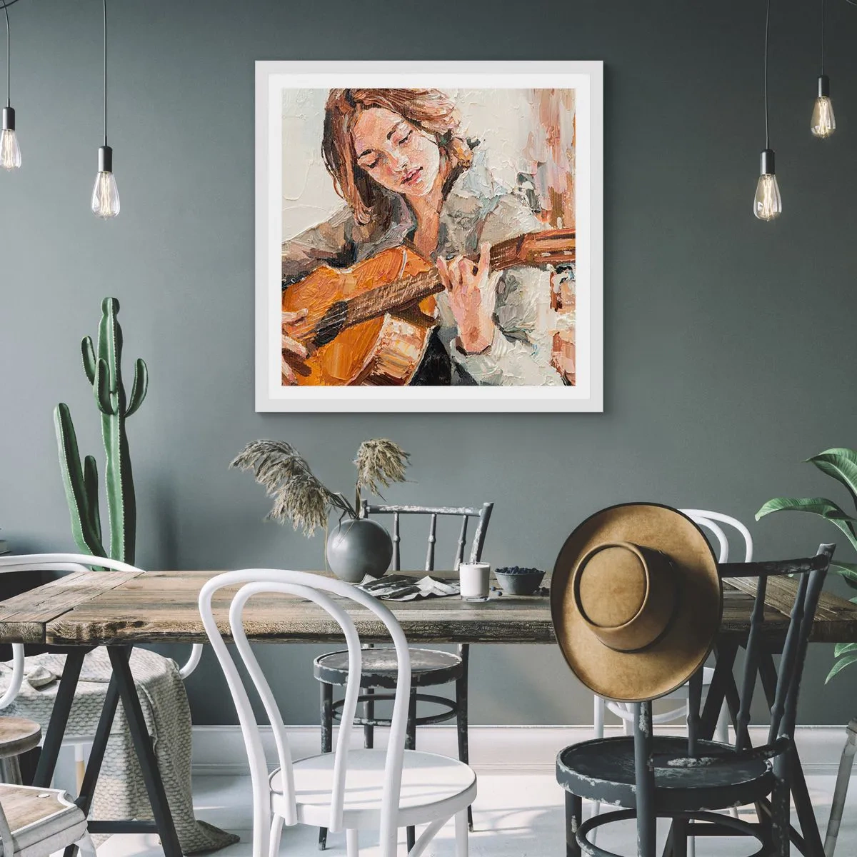 Pôster em moldura branca - Concerto de violão e coração de rapariga - 40x40 cm