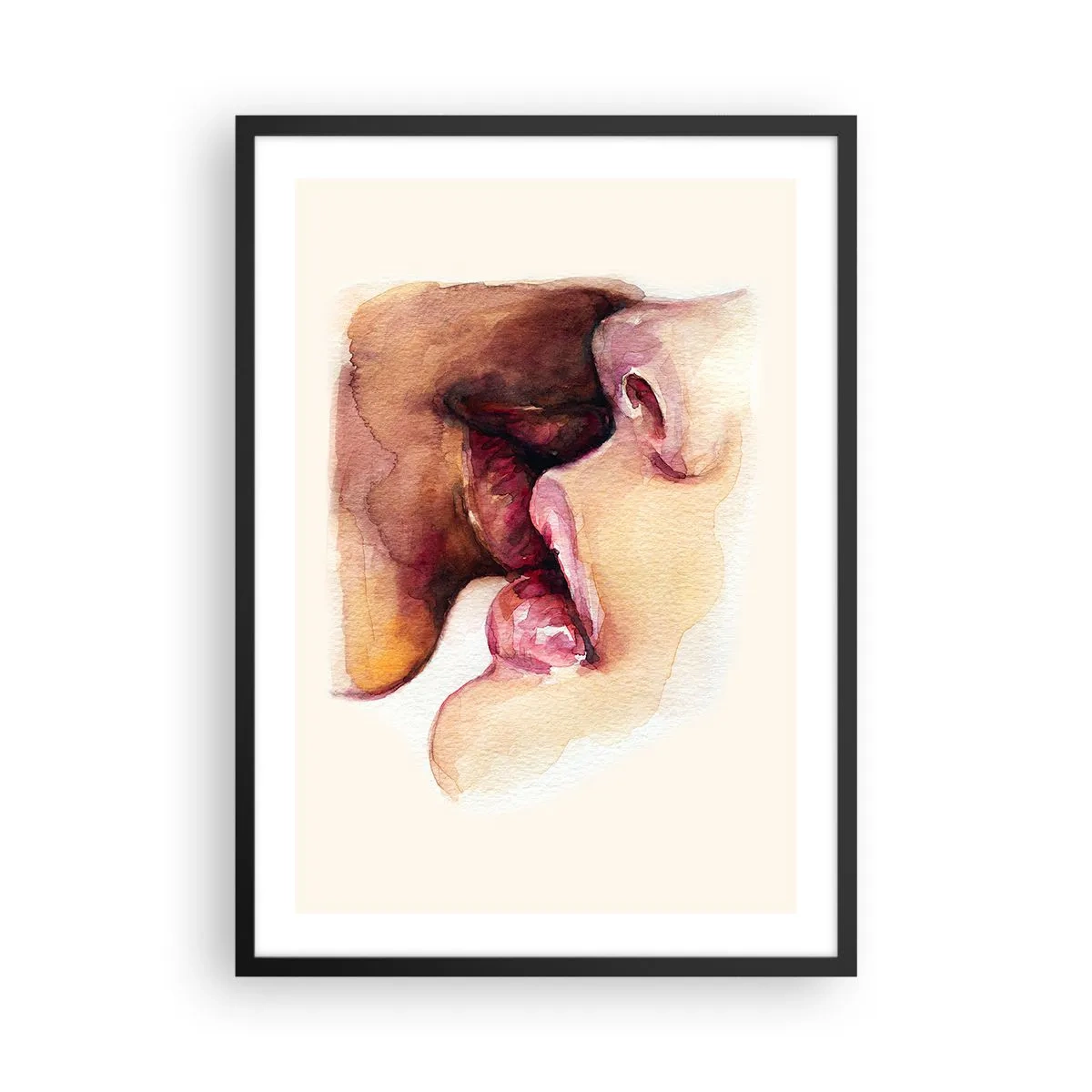 Pôster com moldura preta - Lábios em aquarela em um beijo íntimo contra um fundo claro - 50x70cm - Como a noite e o dia, a terra e o céu - Decoração de parede moderna para a sala de estar e quarto ARTTOR
