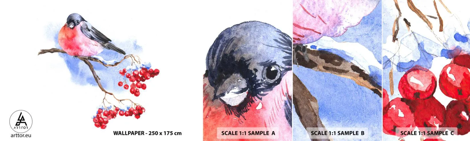 Amostra de Papel de Parede Standard Eco - Inverno a cores - pássaro em um galho, Rowan vermelha, Gráficos - 100x30 cm