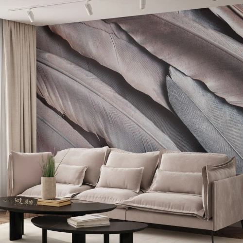 Papel de Parede Standard Eco - Em prateado rosa - Pena de ave, Gráficos, Boho - 350x256 cm