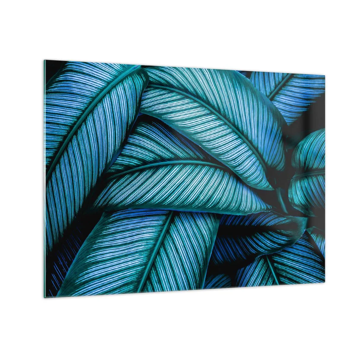 Quadro em vidro - Um close de folhas turquesas com textura intensa. - 70x50cm - Linhas de vida - Decoração de parede moderna para a sala de estar e quarto ARTTOR