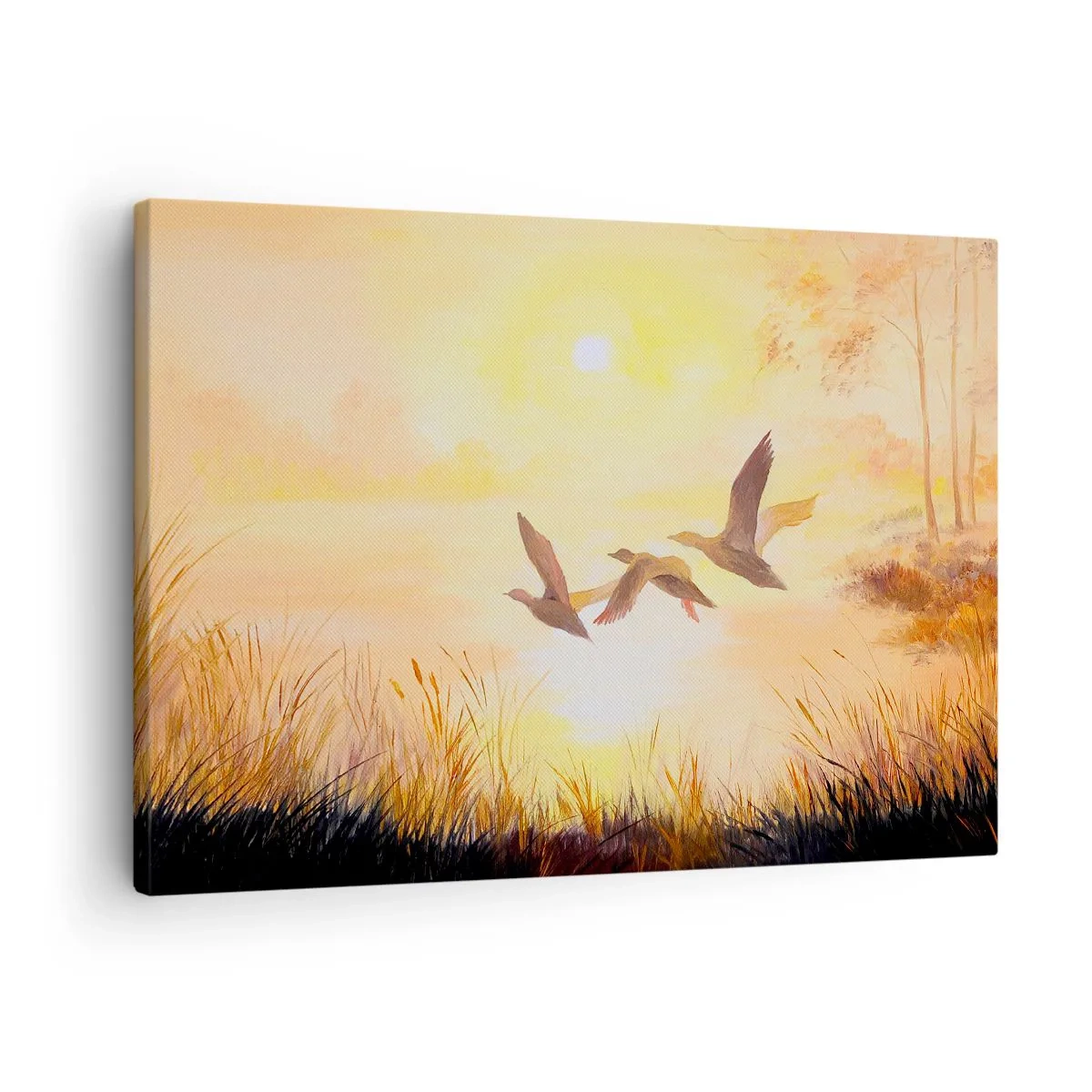 Quadro em tela - Patos voando ao nascer do sol sobre o lago - 70x50cm - O início de uma longa viagem - Decoração de parede moderna para a sala de estar e quarto ARTTOR