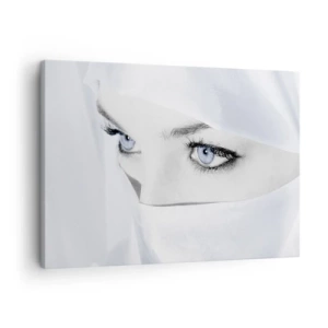 Quadro em tela - Retrato de uma mulher com olhos azuis escondida atrás de um véu branco - 70x50cm - Direto das mil e uma noites - Decoração de parede moderna para a sala de estar e quarto ARTTOR