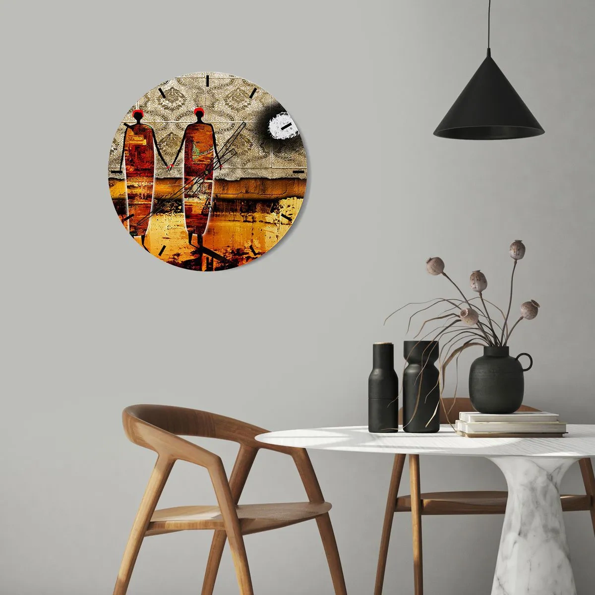 Relógio de parede - Relógio em vidro - Motivo abstrato de figuras de mãos dadas contra o fundo de um ornamento - 30x30cm - Composição étnica nas cores da África - Decoração de parede moderna para a sala de estar, cozinha e quarto ARTTOR