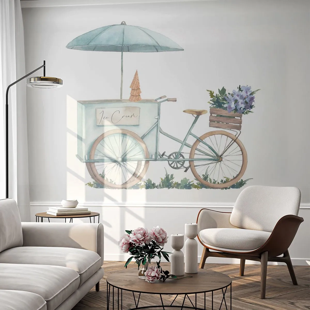 Papel de Parede Standard Eco - Doce lembrança do verão - Pastel, Sorvete, Bicicleta - 250x175 cm