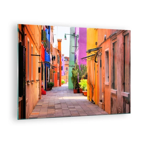 Quadro em vidro - Uma rua colorida com casas de cortiços em tons quentes - 70x50cm - Beco arco-íris - Decoração de parede moderna para a sala de estar e quarto ARTTOR