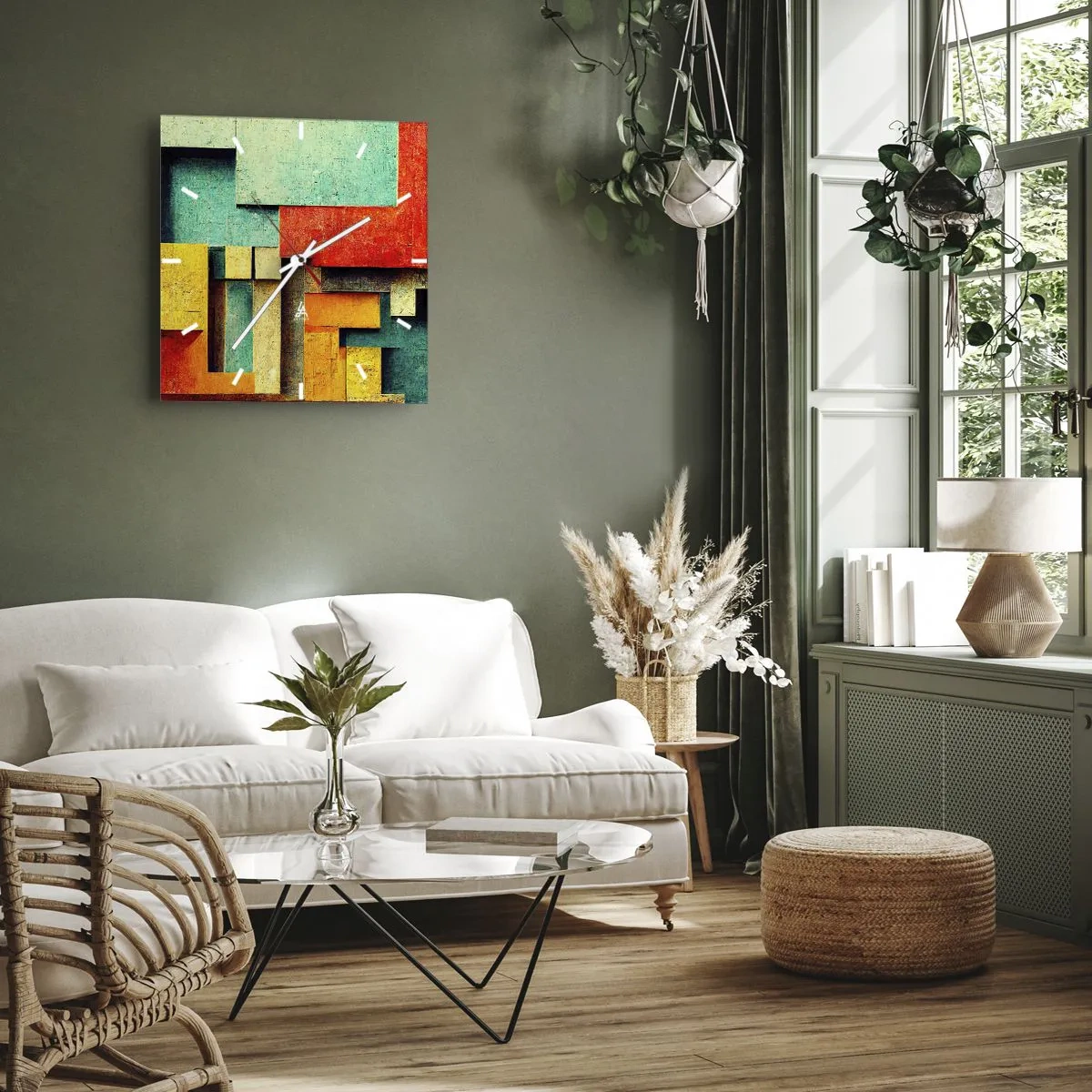 Relógio de parede - Relógio em vidro - Festival de ângulos vivos - 40x40 cm