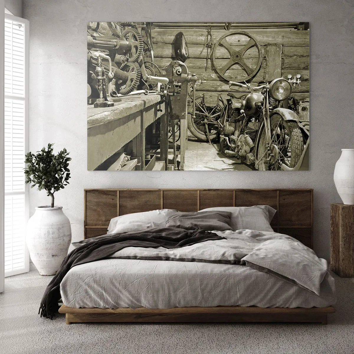 Quadro em vidro - Uma oficina com ferramentas antigas e uma motocicleta velha - 70x50cm - No depósito do tio Jorge - Decoração de parede moderna para a sala de estar e quarto ARTTOR