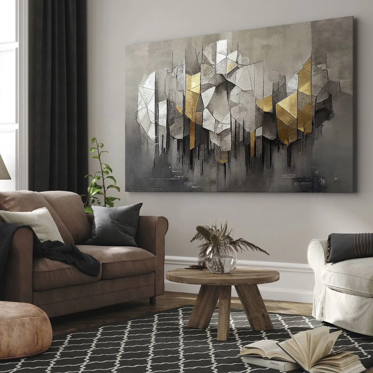 Quadro em tela - Abstração geométrica em tons de dourado e cinza - 70x50cm - Composição de gelo e luz - Decoração de parede moderna para a sala de estar e quarto ARTTOR