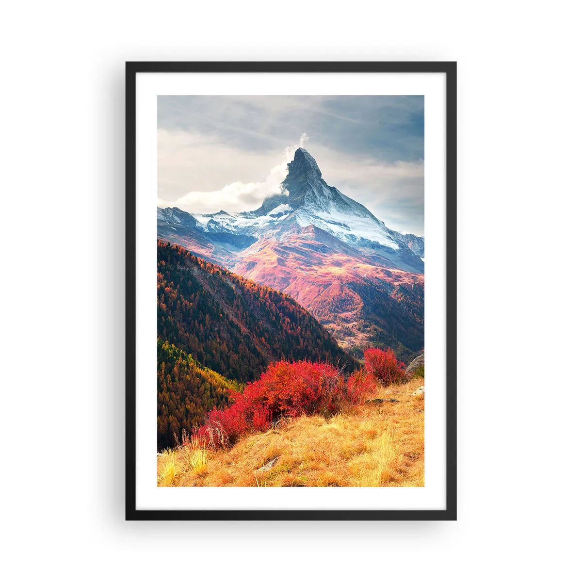Pôster com moldura preta - Paisagem montanhosa de outono com um pico coberto de neve - 50x70cm - Outono alpino - Decoração de parede moderna para a sala de estar e quarto ARTTOR