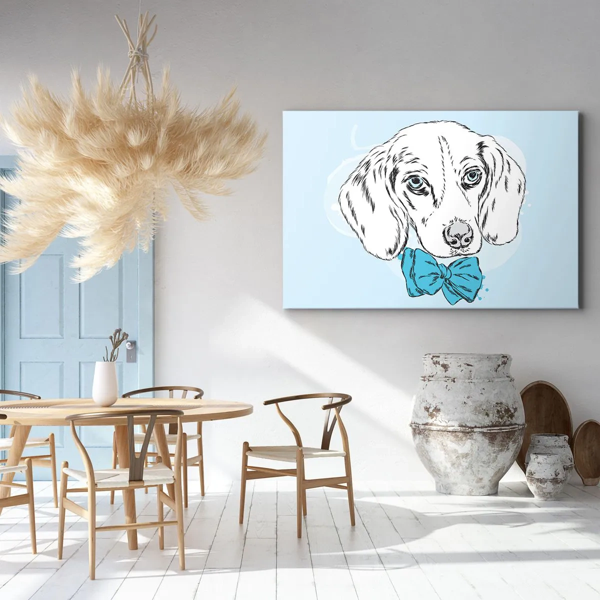 Quadro em tela - Gráfico adorável de um cachorro com uma gravata borboleta em um fundo pastel - 70x50cm - Elegância canina - Decoração de parede moderna para a sala de estar e quarto ARTTOR
