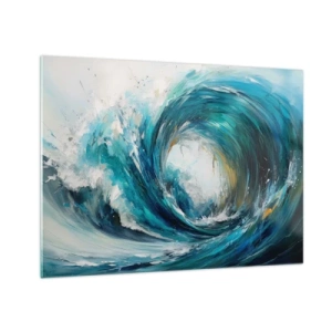 Quadro em vidro - Visualização de uma poderosa onda do mar em forma de redemoinho com azul intenso - 70x50cm - Portal do mar - Decoração de parede moderna para a sala de estar e quarto ARTTOR