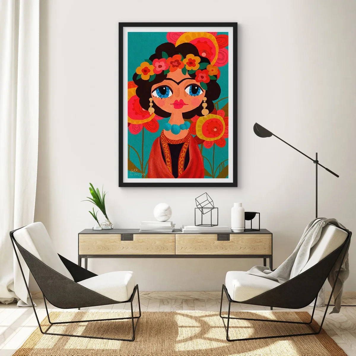 Pôster com moldura preta - Retrato colorido de uma mulher em estilo folclórico e uma coroa de flores - 50x70cm - Senhorita papoula - Decoração de parede moderna para a sala de estar e quarto ARTTOR