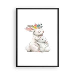 Pôster com moldura preta - Dois coelhos se abraçando com uma coroa de flores na cabeça - 50x70cm - Nada melhor do que amor de mãe - Decoração de parede moderna para a sala de estar e quarto ARTTOR