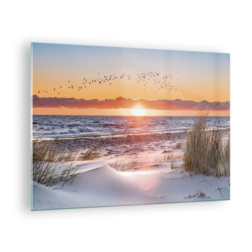 Quadro em vidro - Pôr do sol sobre o mar com pássaros e dunas de areia - 70x50cm - Paisagem horizontal - Decoração de parede moderna para a sala de estar e quarto ARTTOR