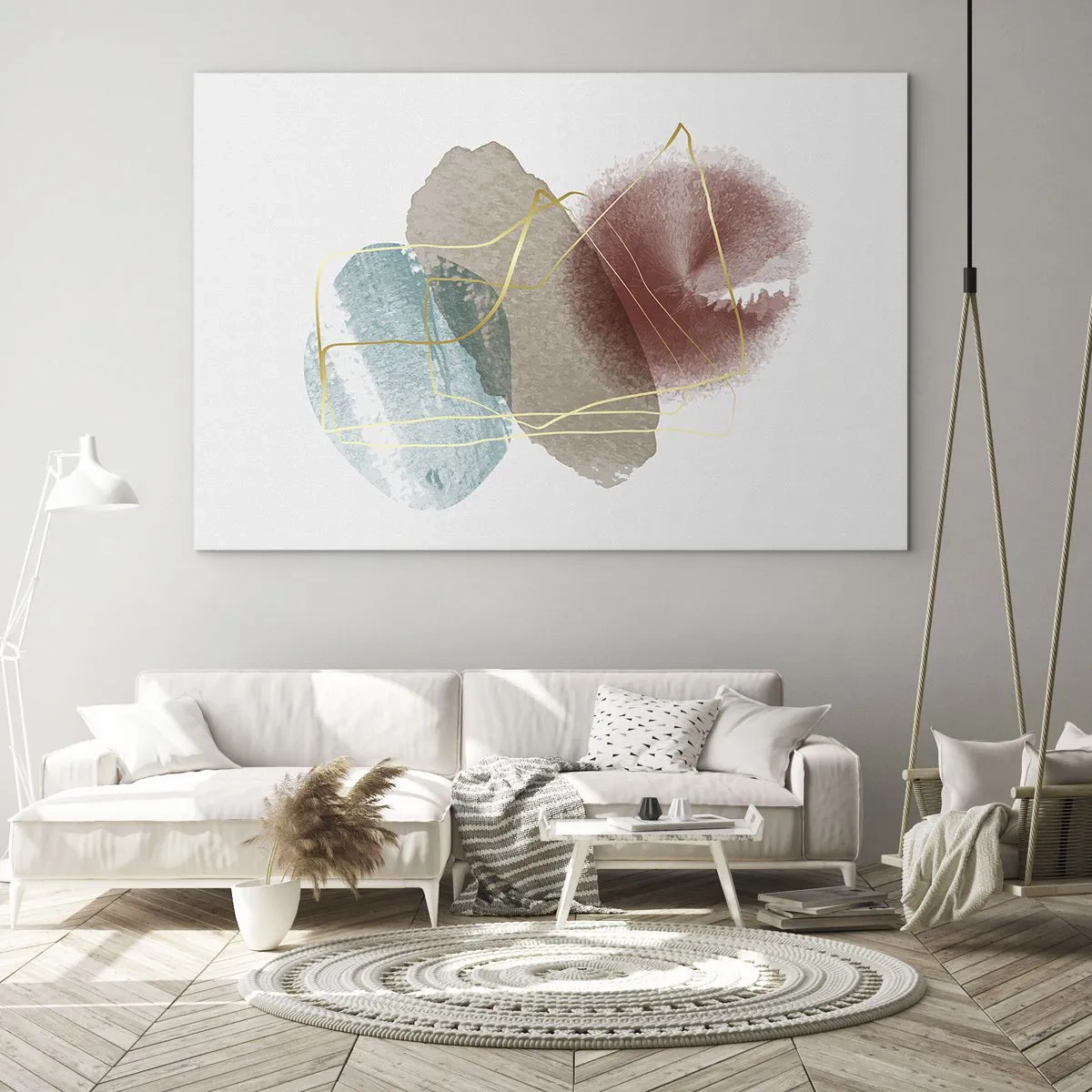 Quadro em vidro - Respingos abstratos de aquarela e linhas douradas - 70x50cm - Corais espaciais - Decoração de parede moderna para a sala de estar e quarto ARTTOR